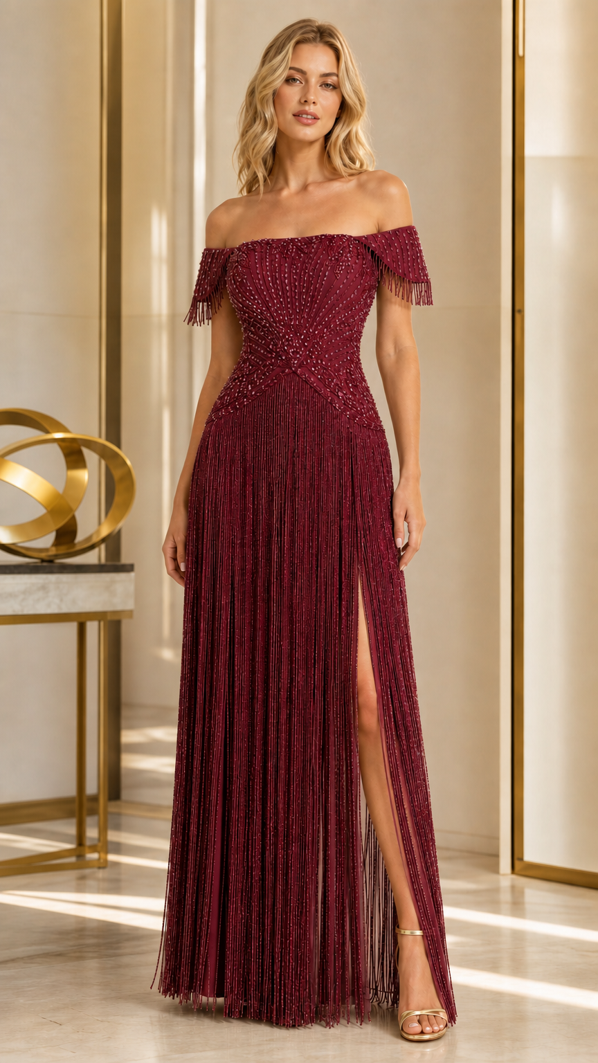 Model wearing burgundy red off-the-shoulder embellished fringe gown