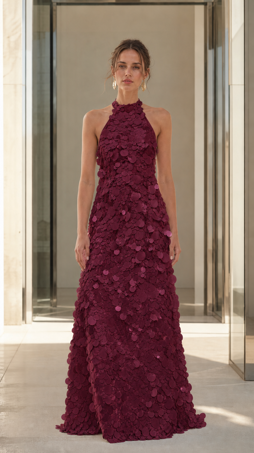 Full view of Burgundy 3D floral applique halter maxi dress