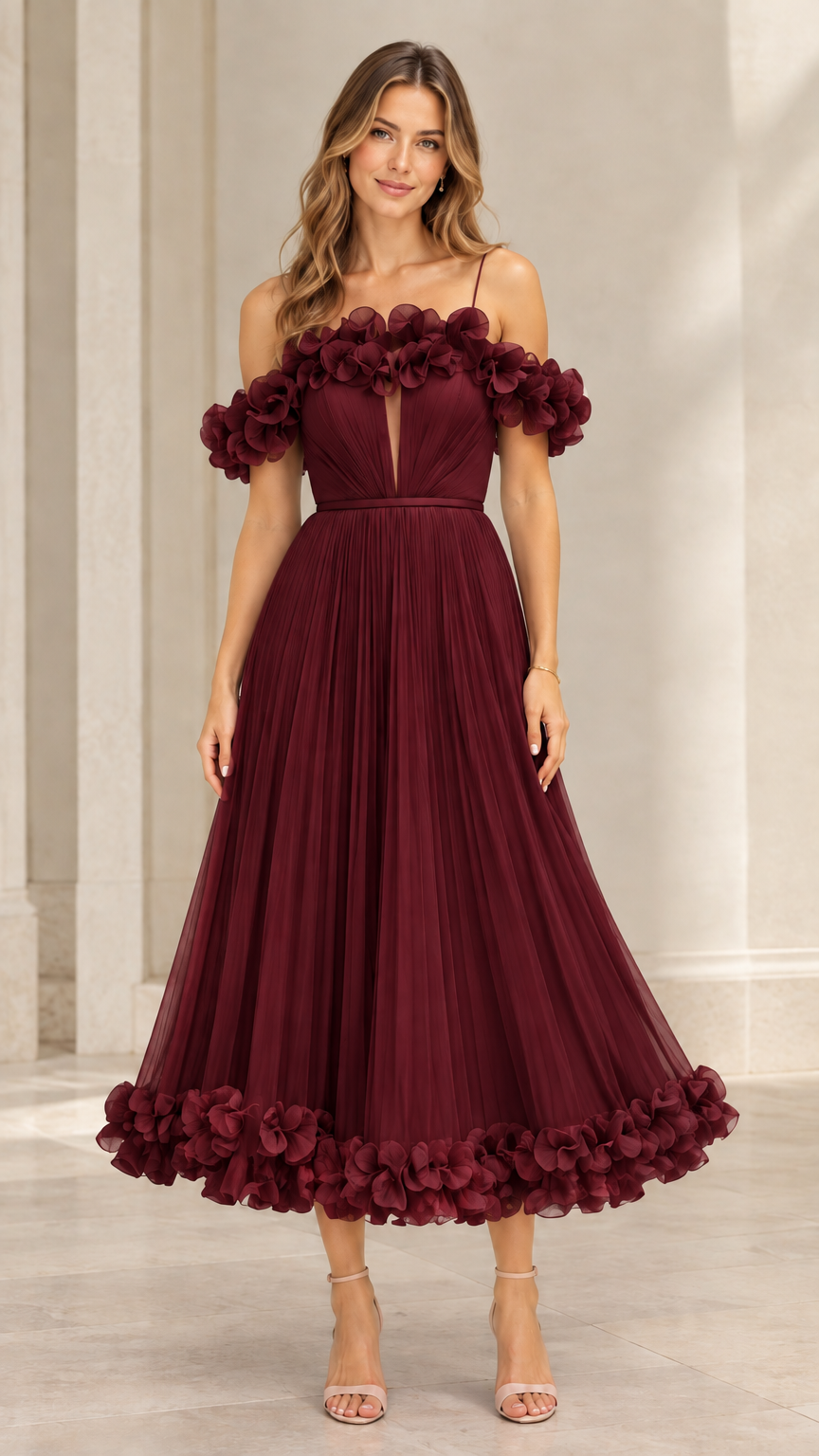 Full-length view of burgundy red 3D floral trim pleated tulle evening dress