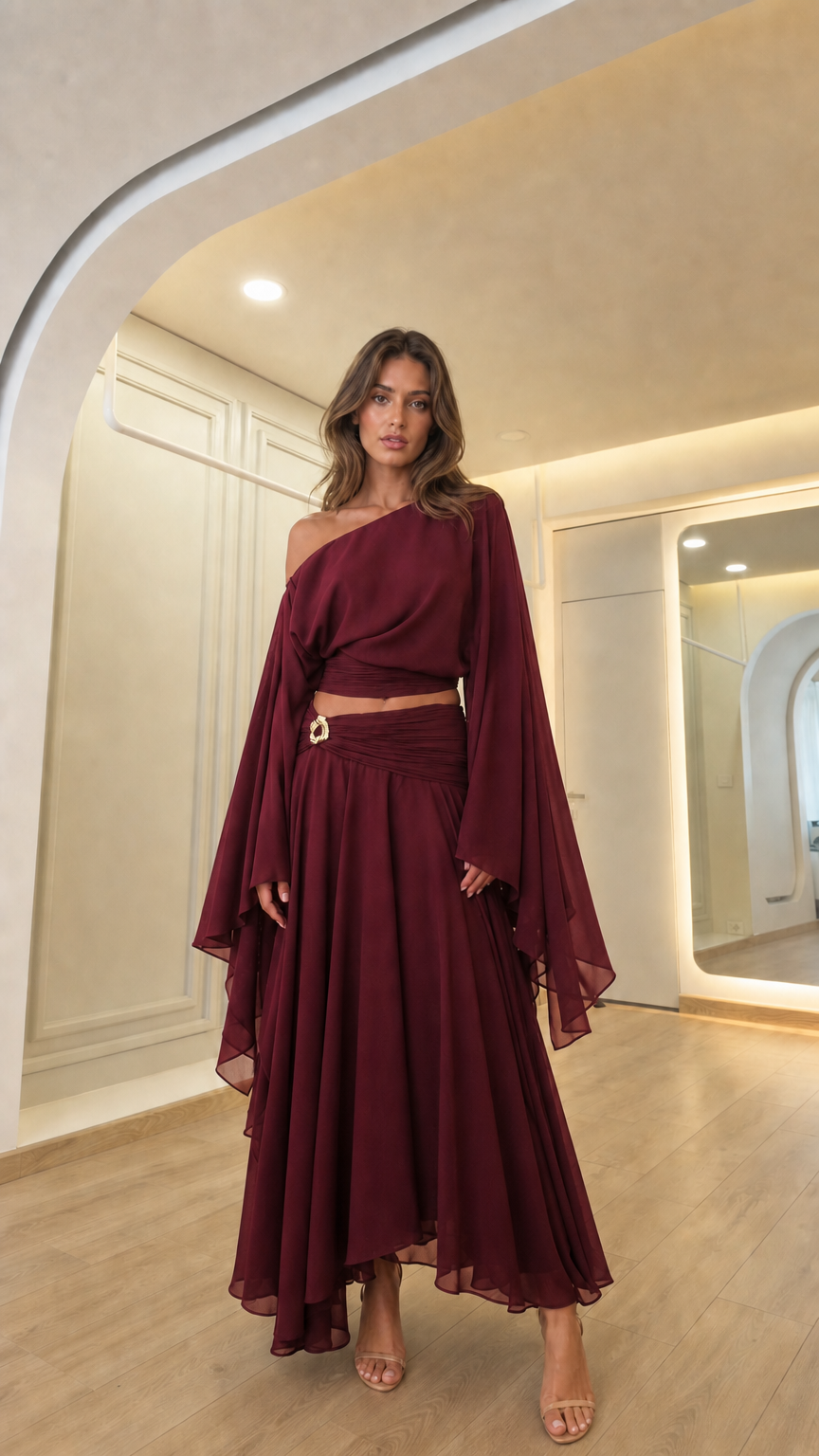 Woman wearing the burgundy color variant of the elegant evening set