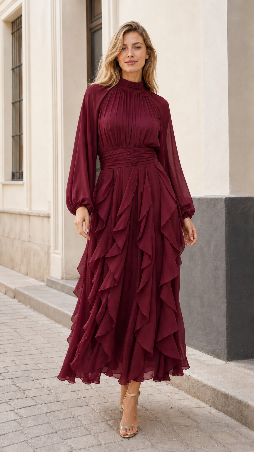 Model wearing rich burgundy wine pleated high-neck ruffle maxi dress