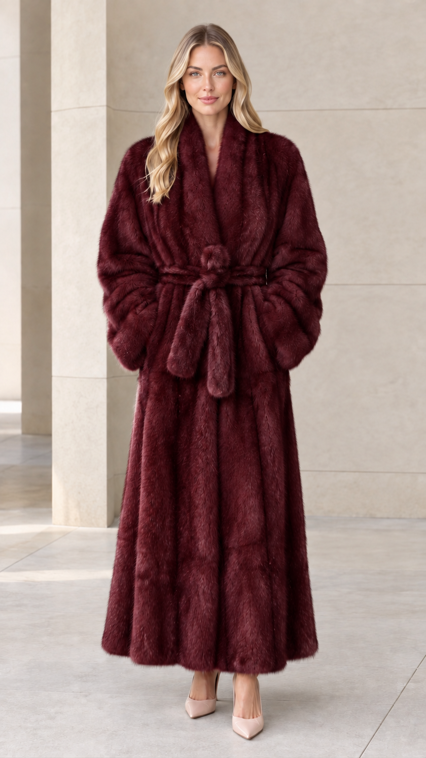 Front view of woman wearing burgundy wine full-length plush wrap coat