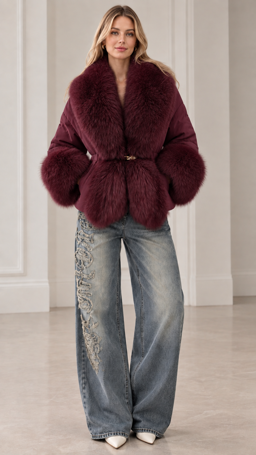 Full front view of burgundy wine faux fur trimmed belted puffer jacket