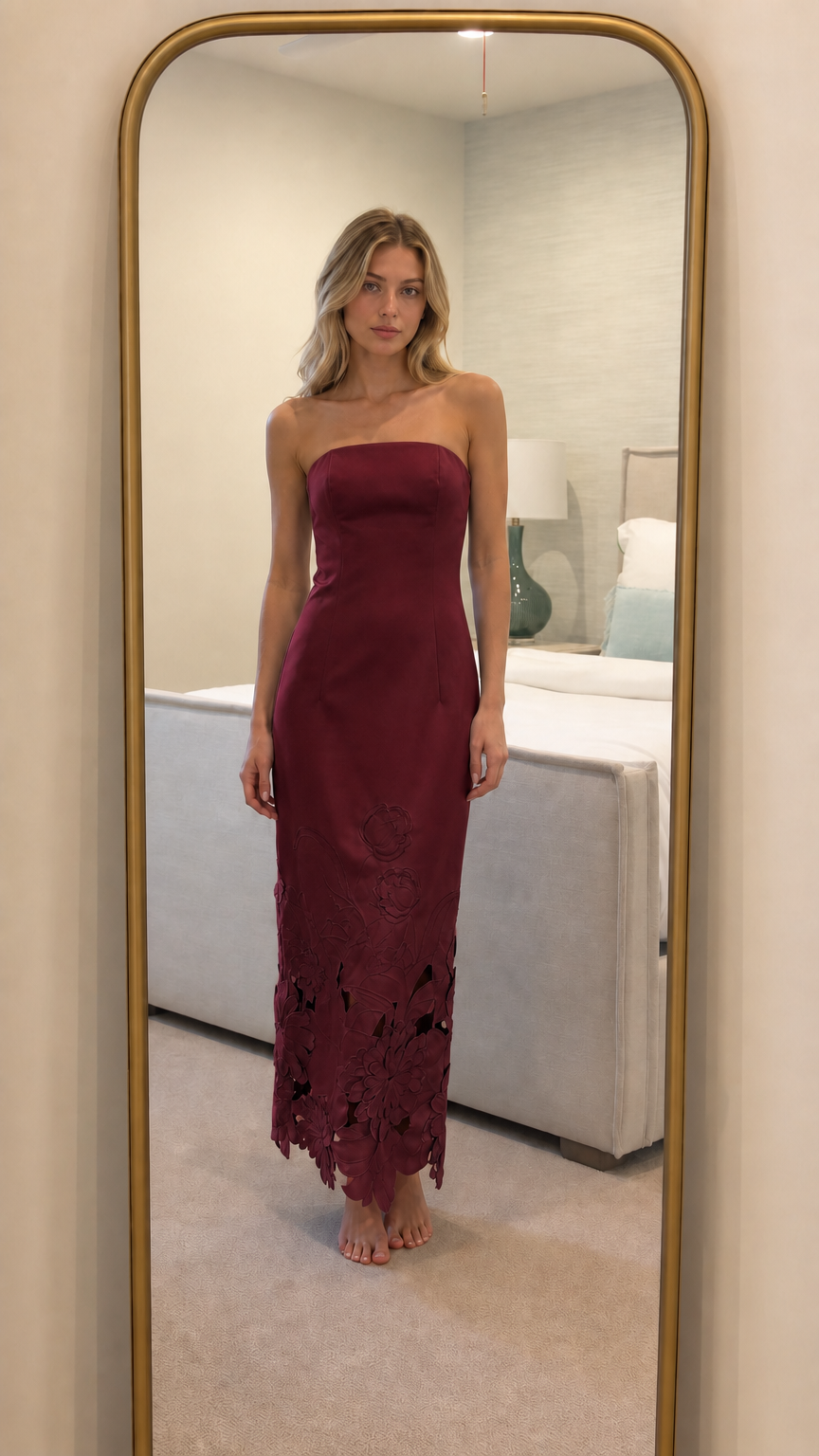 Burgundy strapless floral laser-cut maxi dress