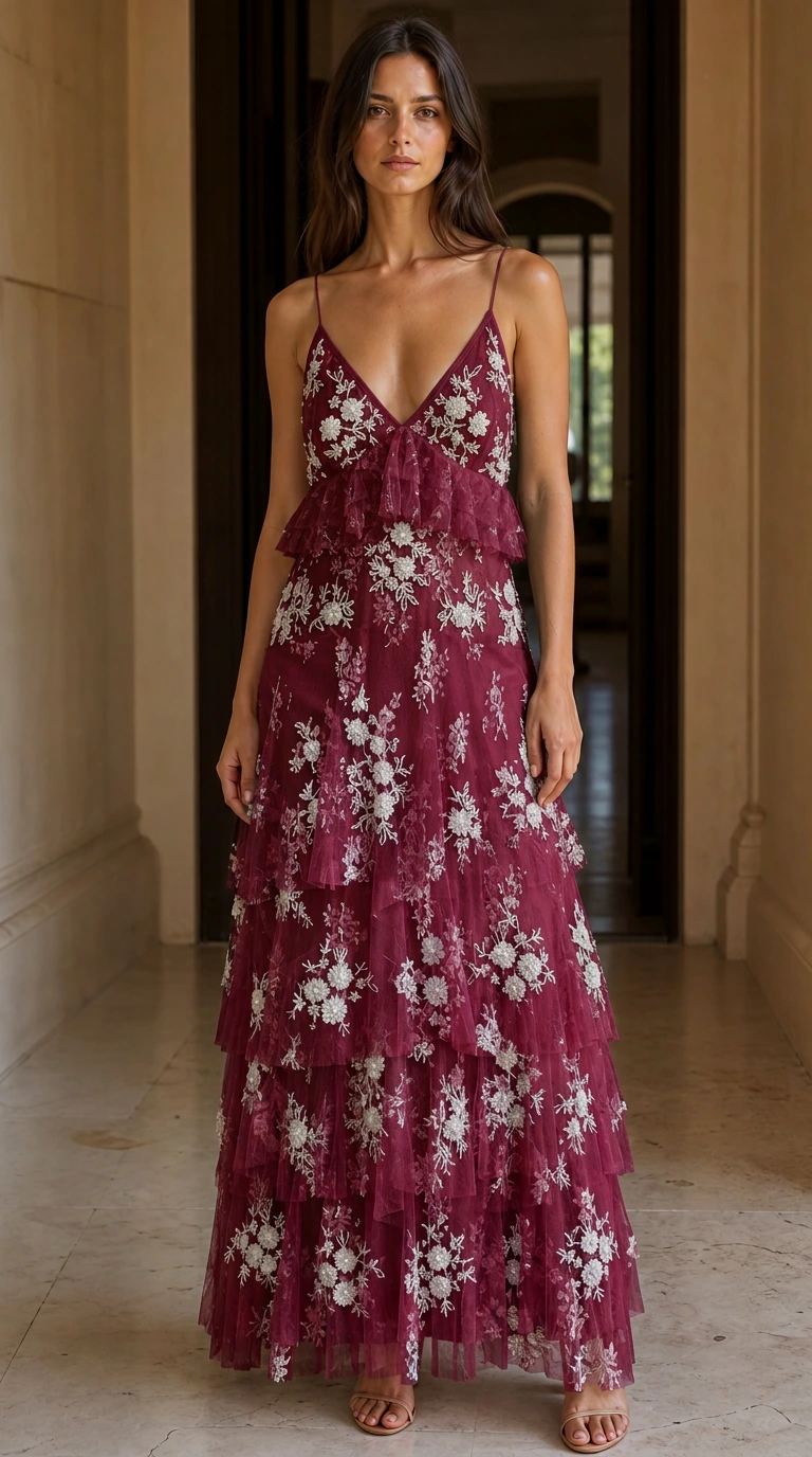 Front view of burgundy embroidered tulle tiered maxi dress