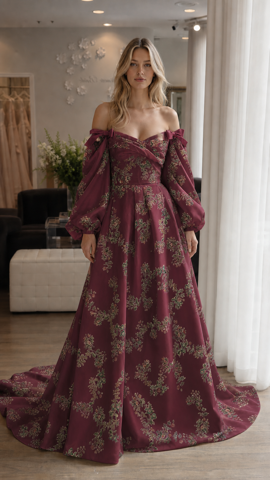 Woman wearing burgundy floral off-shoulder maxi dress