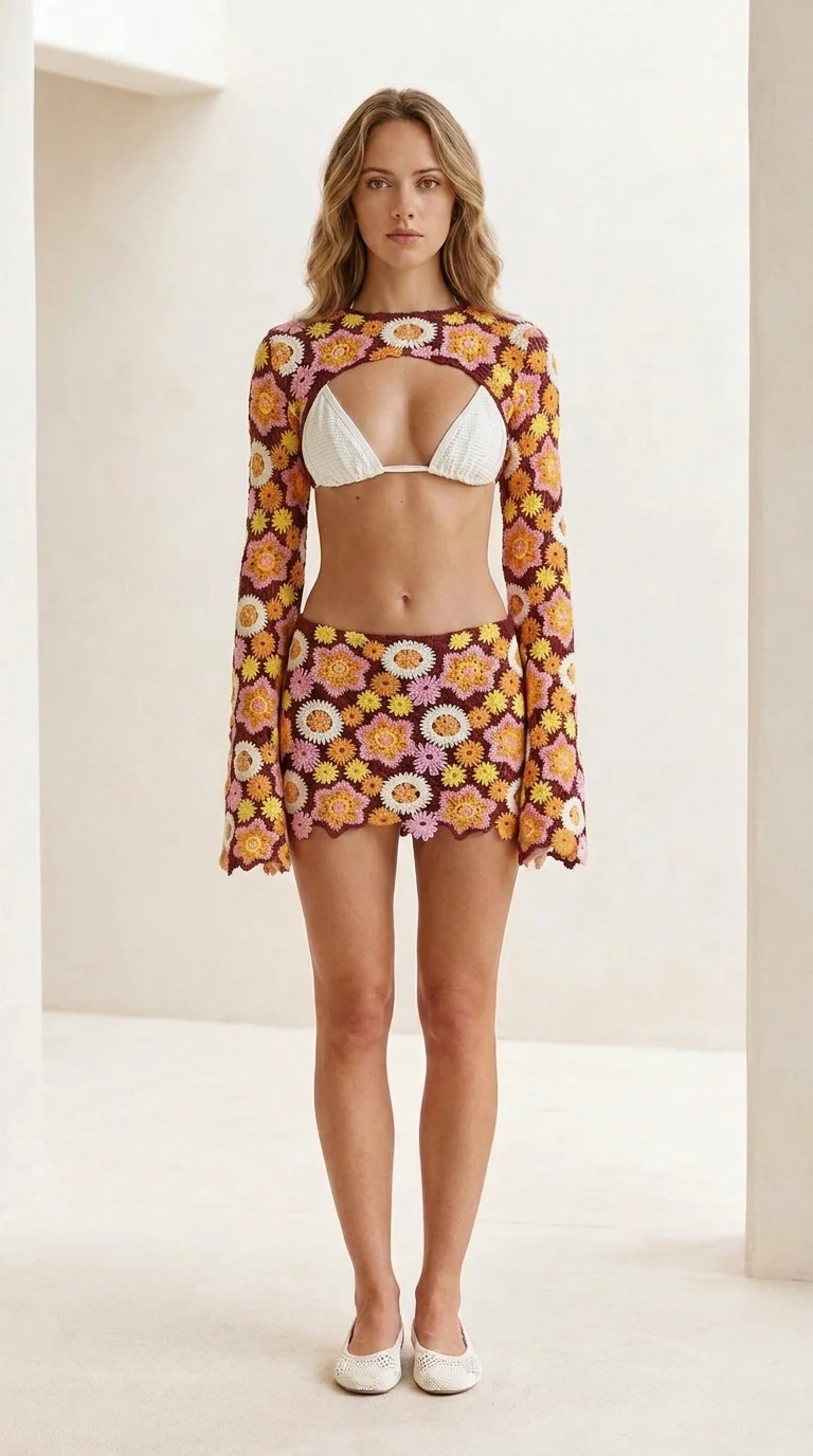 Front view of burgundy floral crochet set