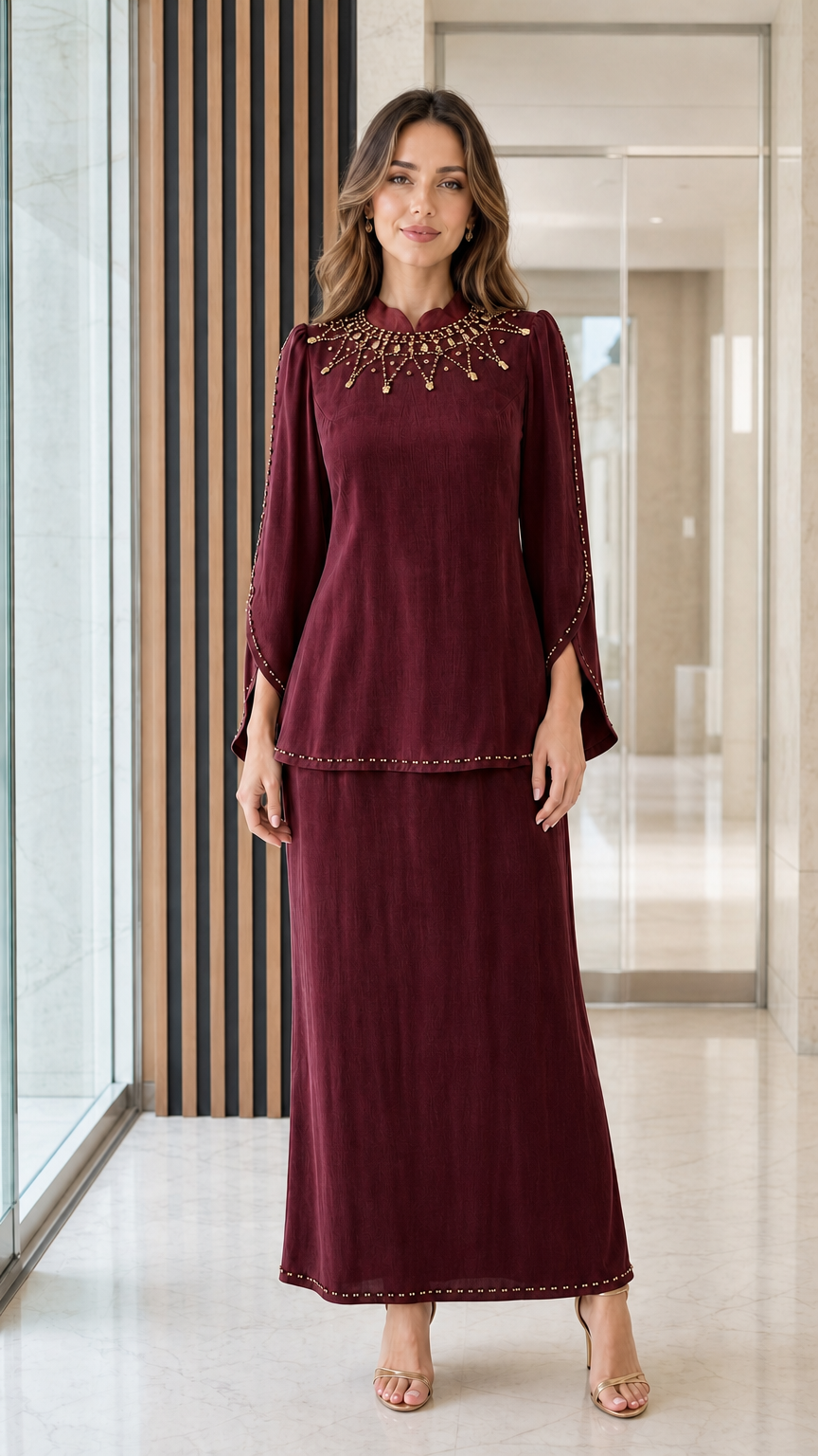 Burgundy wine 2-piece beaded neckline maxi skirt set