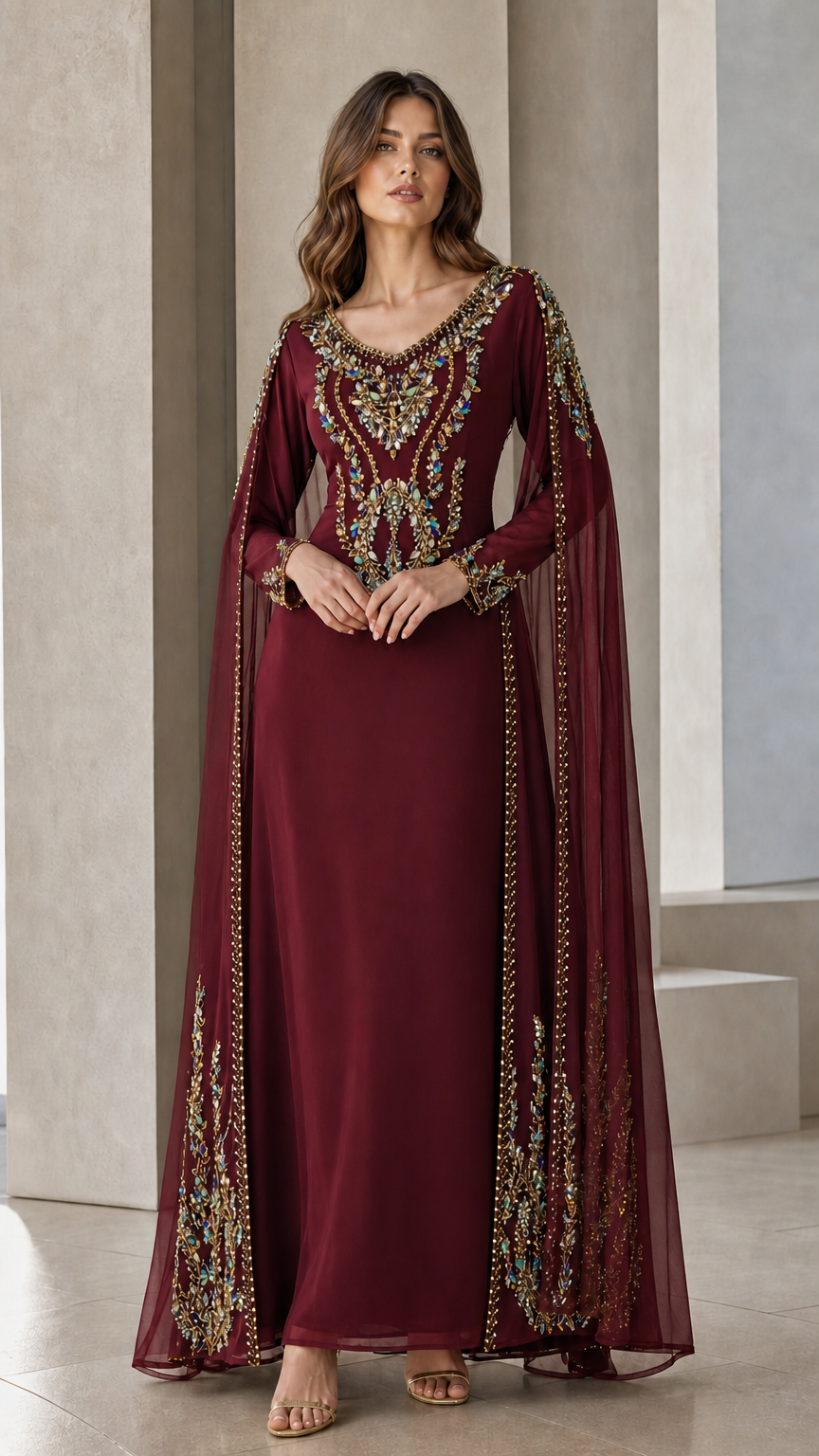 Burgundy wine red floor-length cape dress with sparkling crystal embroidery