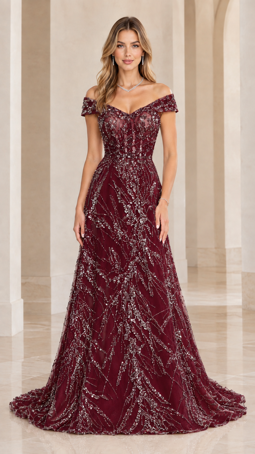 Front view of burgundy red off-the-shoulder beaded formal ball gown