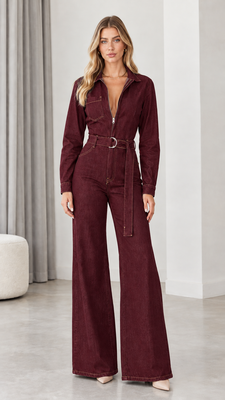 Front full view of woman wearing burgundy wine long sleeve wide leg denim jumpsuit