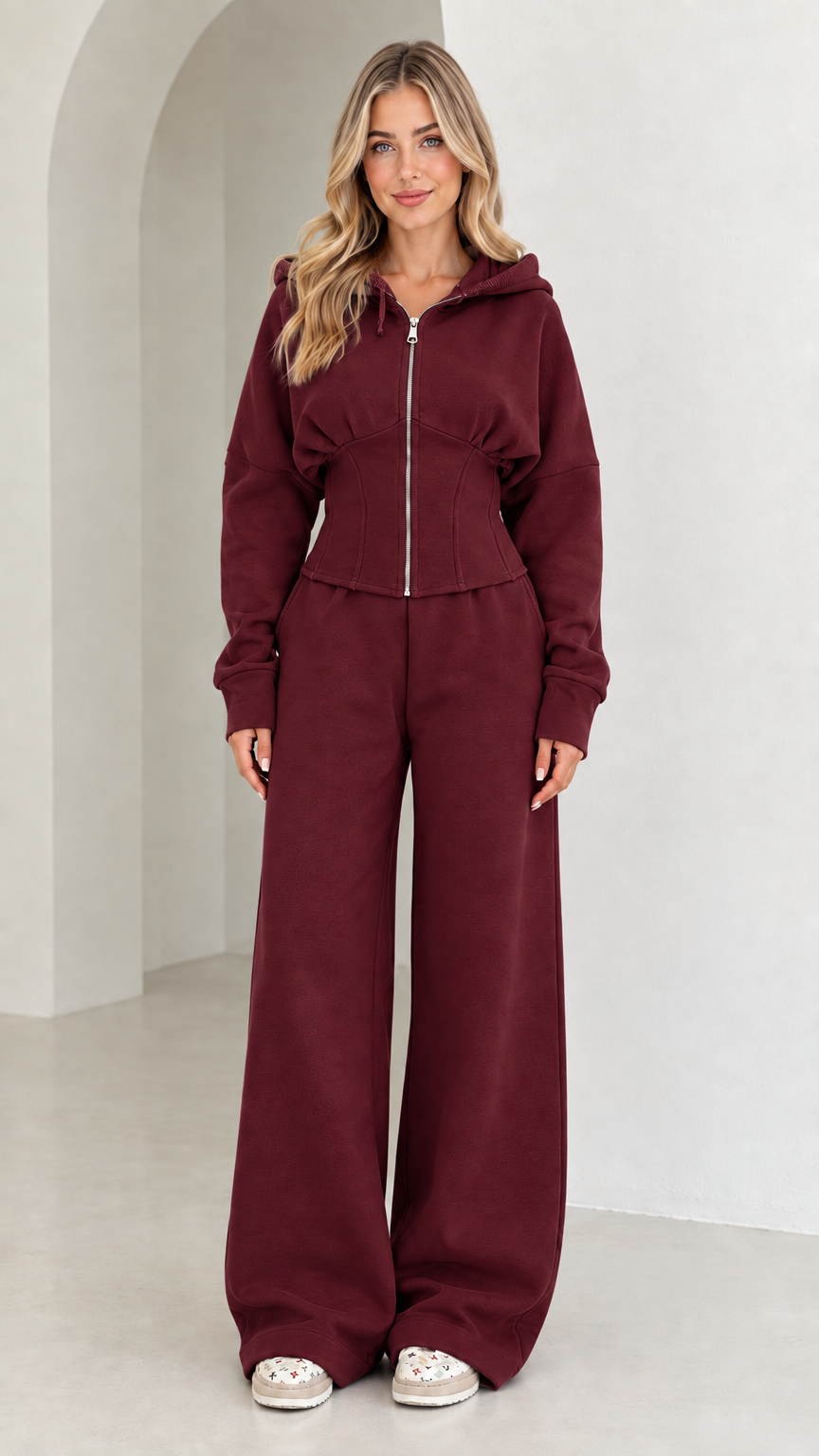 Full-length view of women's corset hoodie and wide-leg sweatpants set in Burgundy