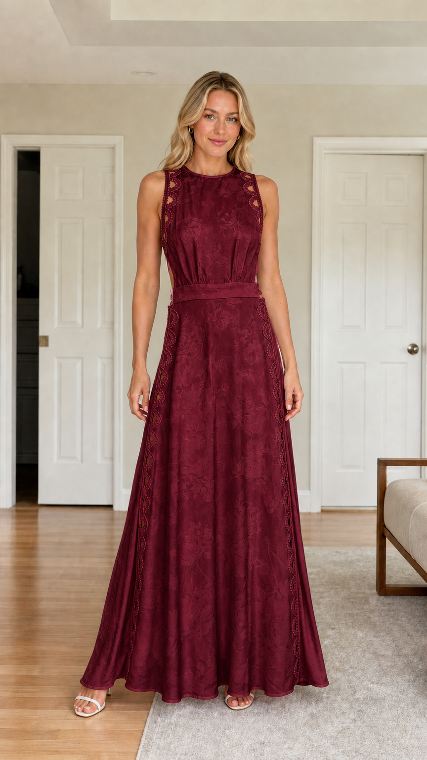 Front view of woman wearing burgundy cutout maxi dress