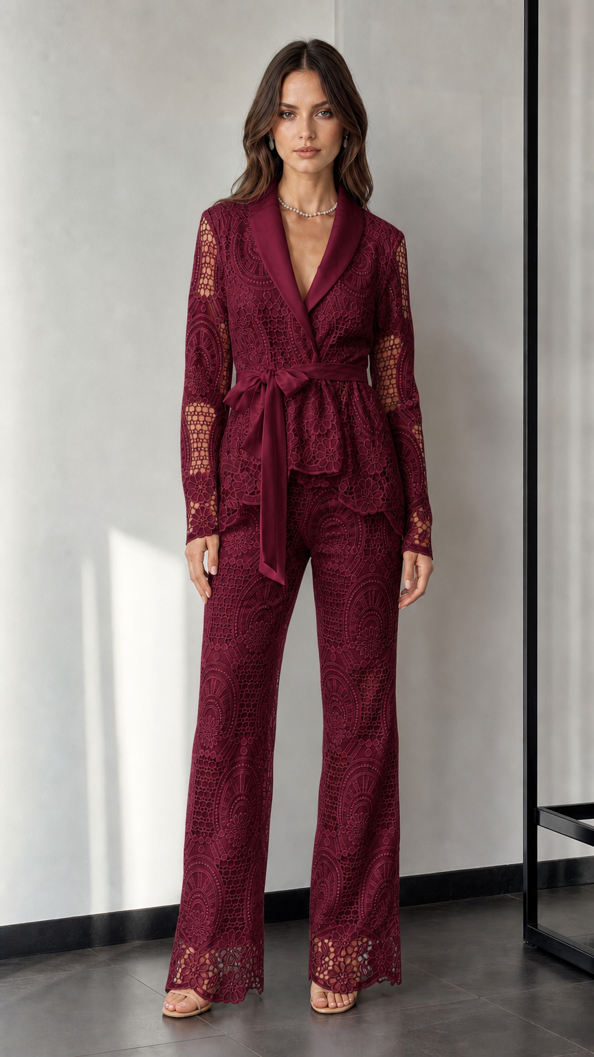 Woman wearing burgundy lace blazer and trousers set