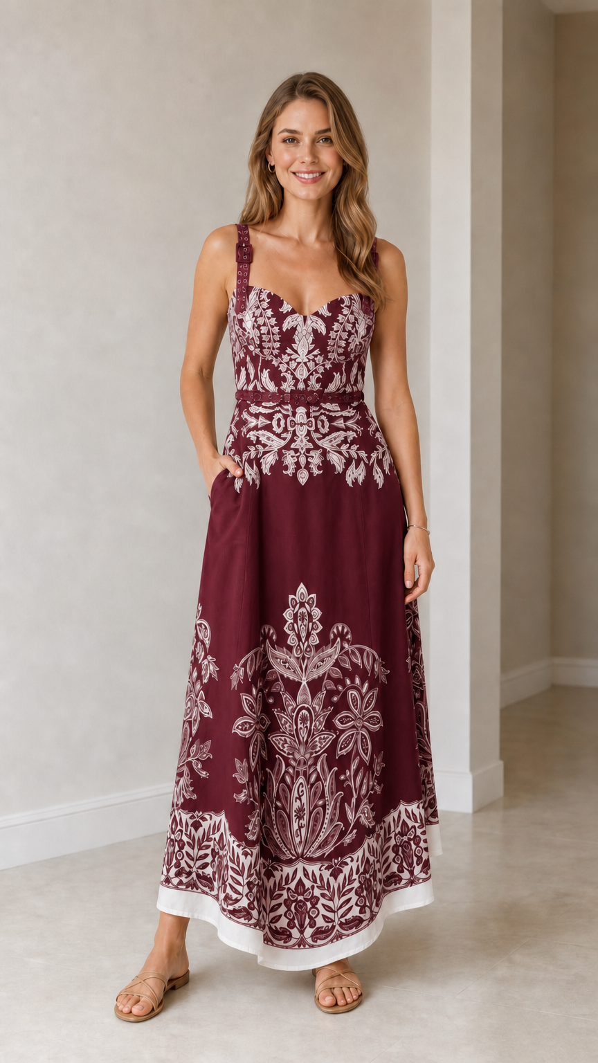 Model wearing burgundy botanical print maxi dress