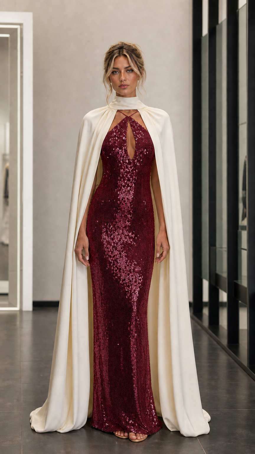 Front view of burgundy sequin evening dress with cape