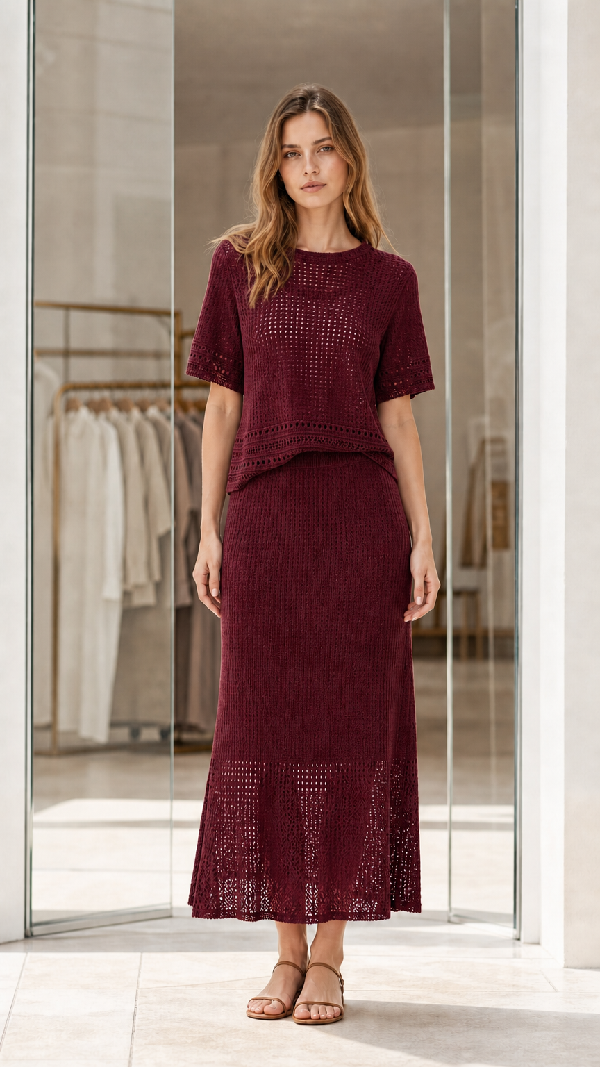 Full front view of burgundy wine red pointelle knit two-piece skirt set