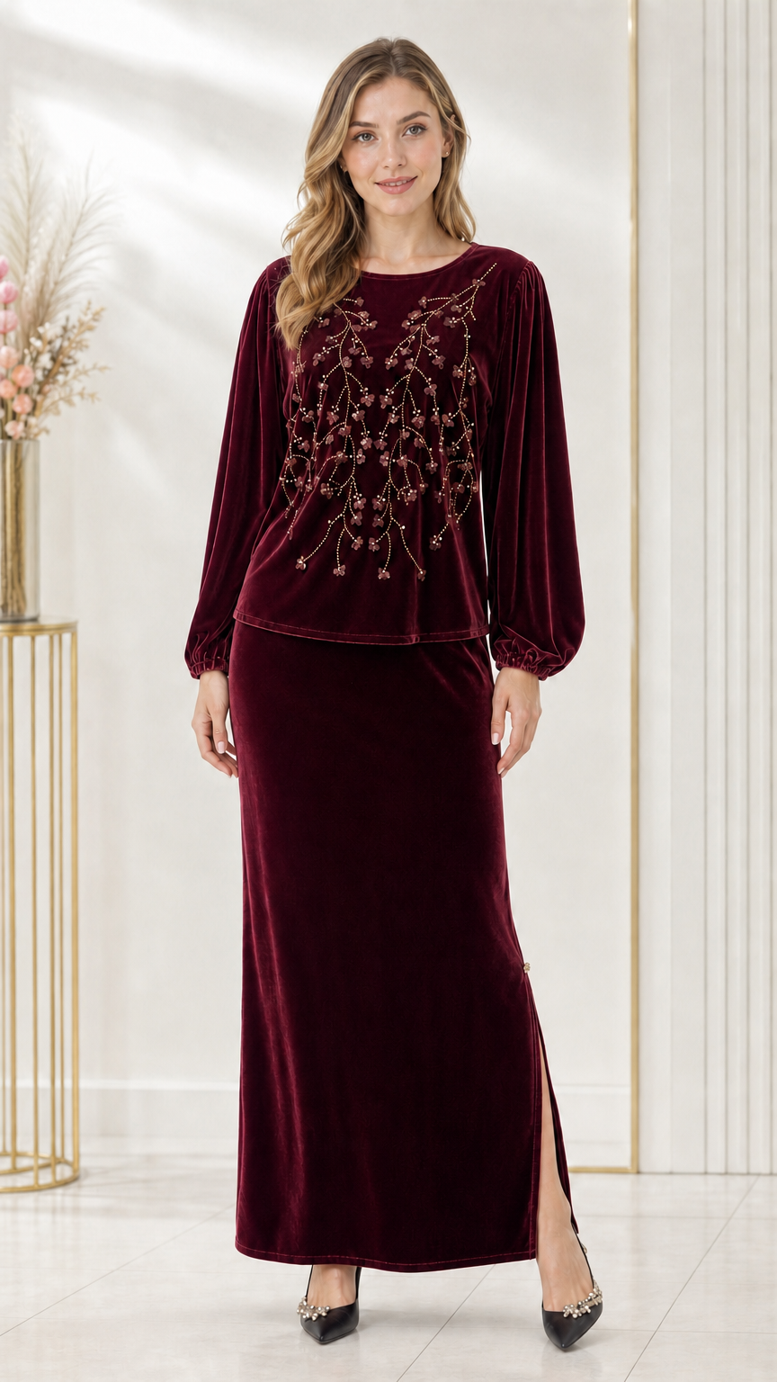 Full-length front view of burgundy wine red beaded velvet two-piece maxi skirt set