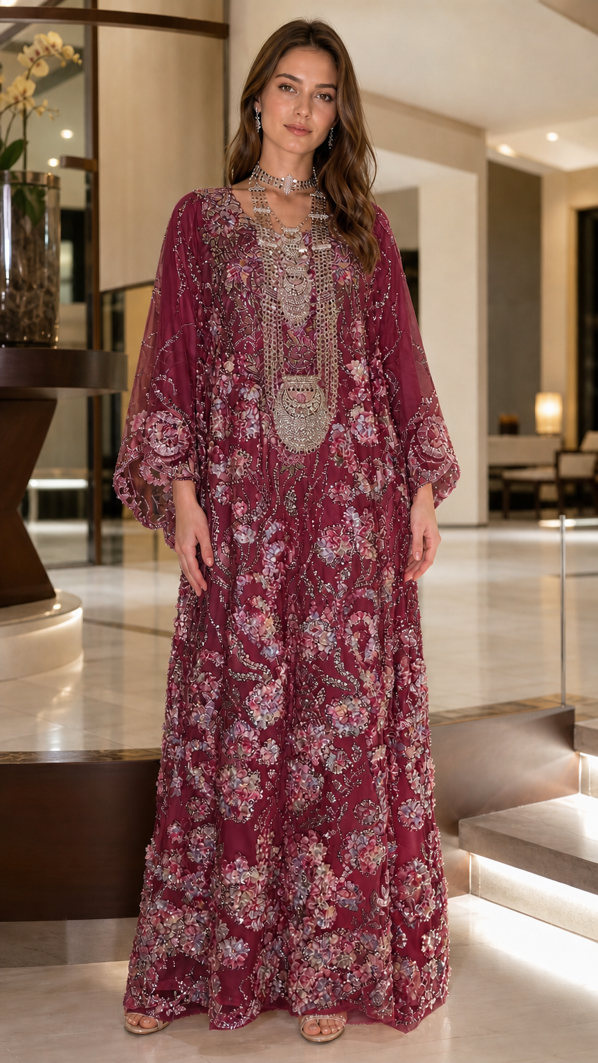 Full front view of burgundy floral sequin embroidered kaftan maxi dress
