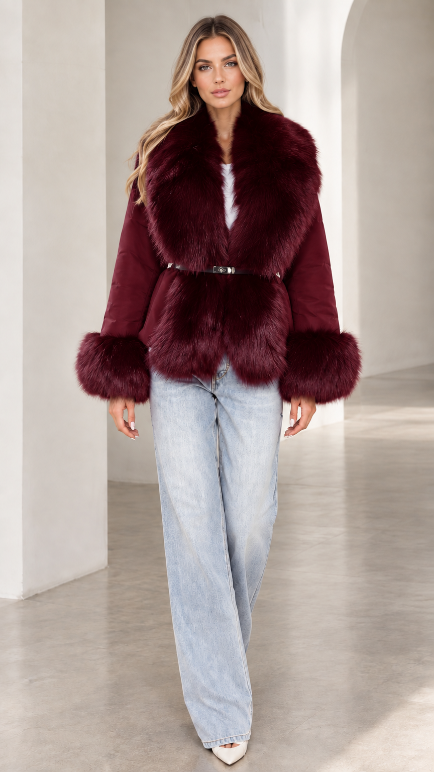 Model wearing burgundy wine red belted jacket with plush faux fur trim