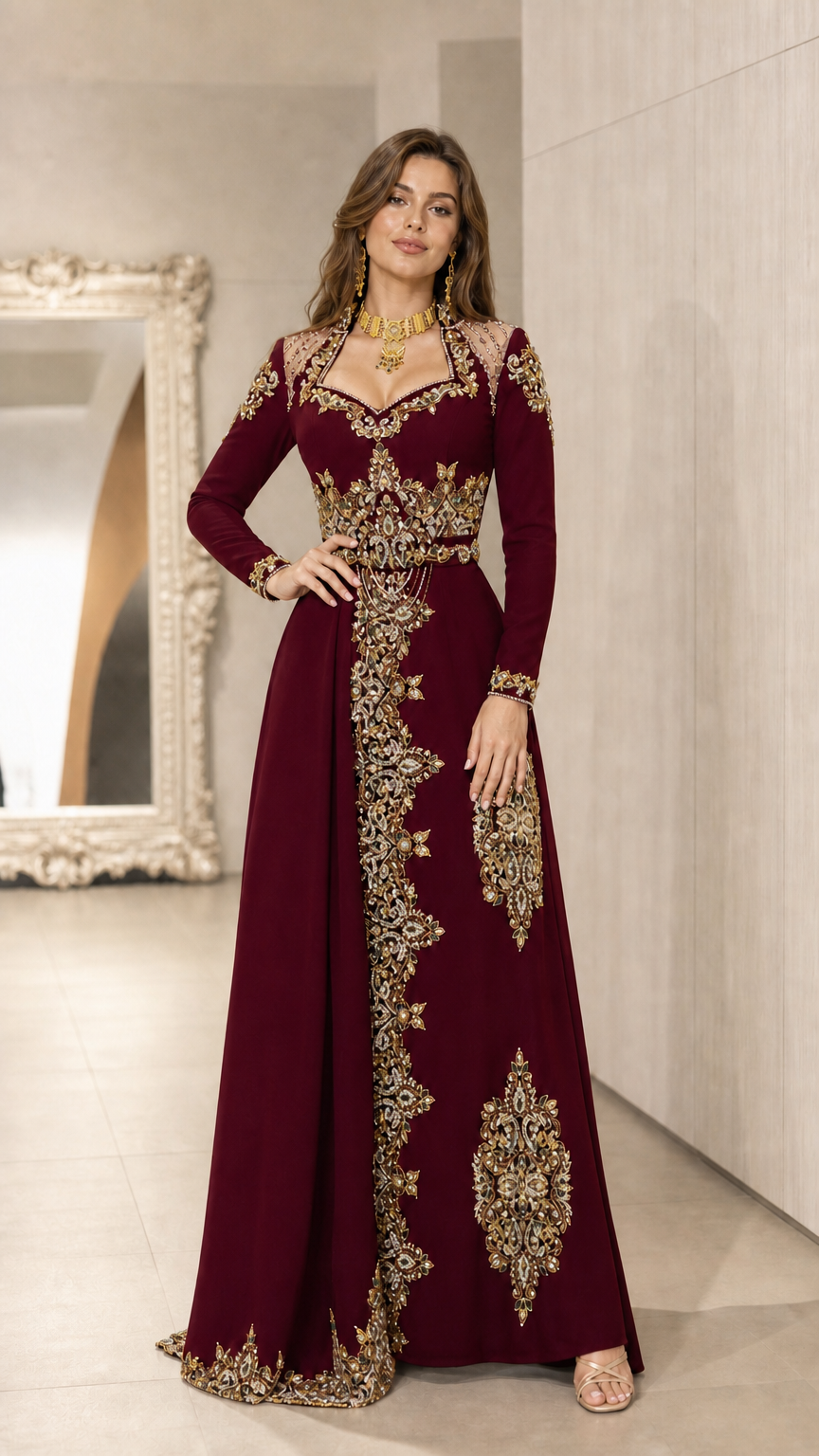 Burgundy wine embroidered long sleeve formal evening gown