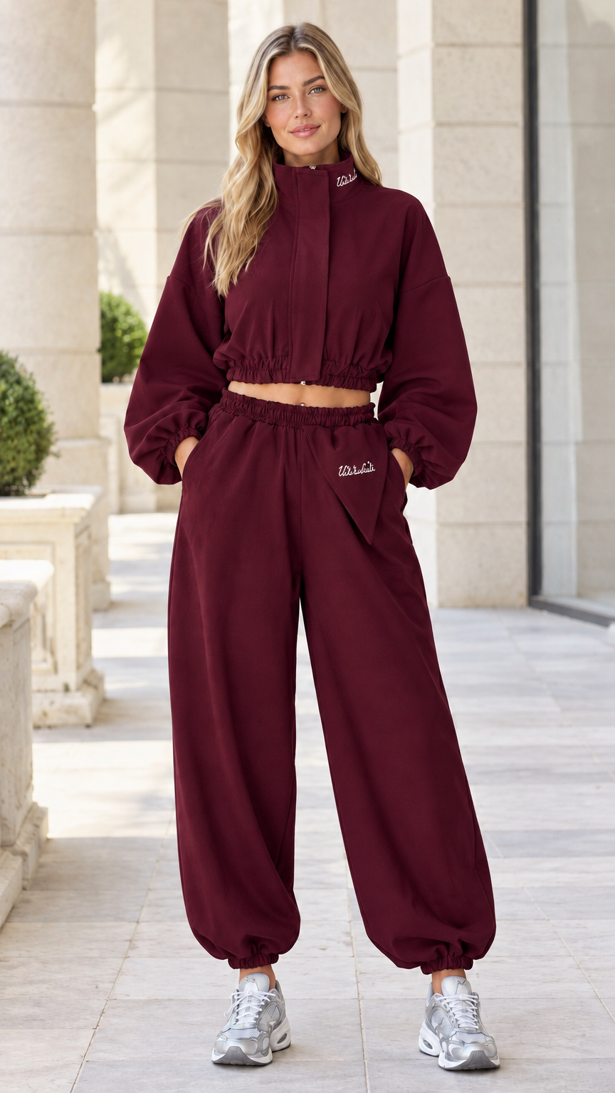 Model wearing Burgundy wine-colored cropped windbreaker jacket and jogger pants set
