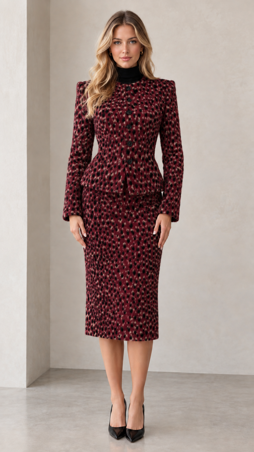 Front view of burgundy speckled peplum jacket and midi skirt set