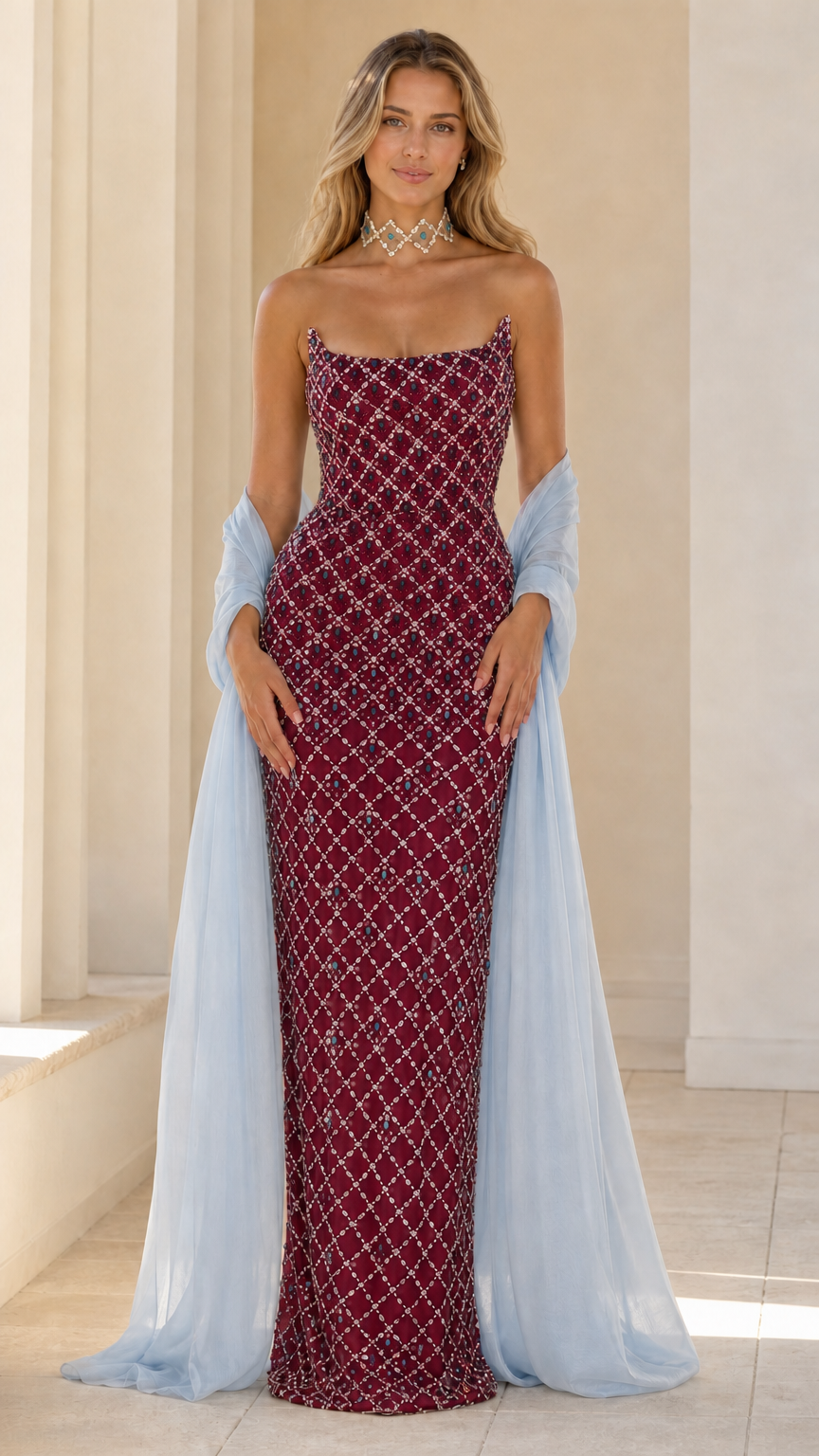 Front view of burgundy crystal embellished evening gown