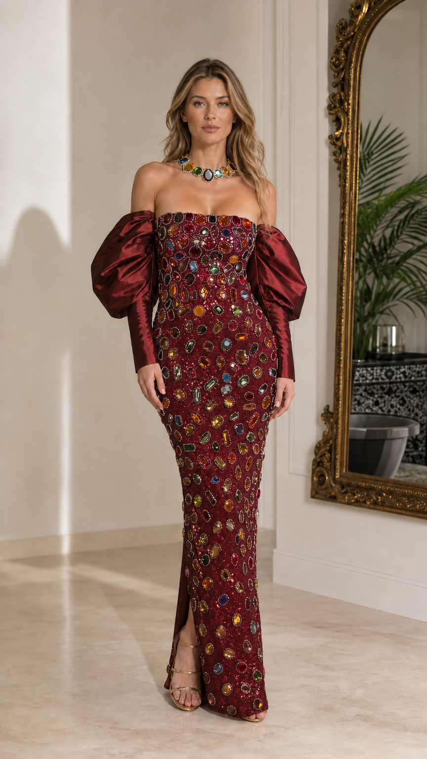 Full-length view of burgundy red crystal embellished evening gown with matching red puff sleeves