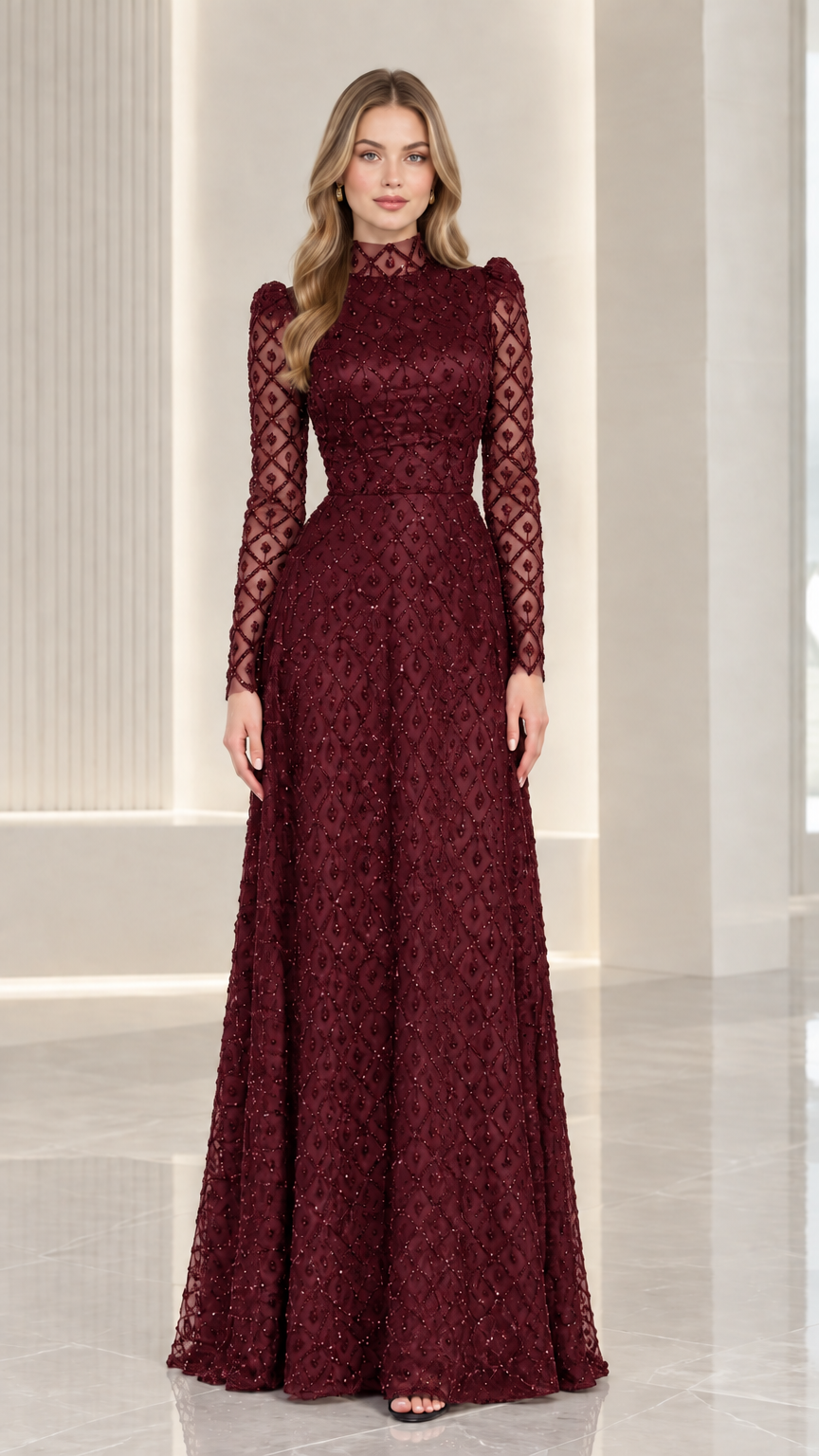 Front view of model wearing burgundy wine high neck beaded A-line evening dress