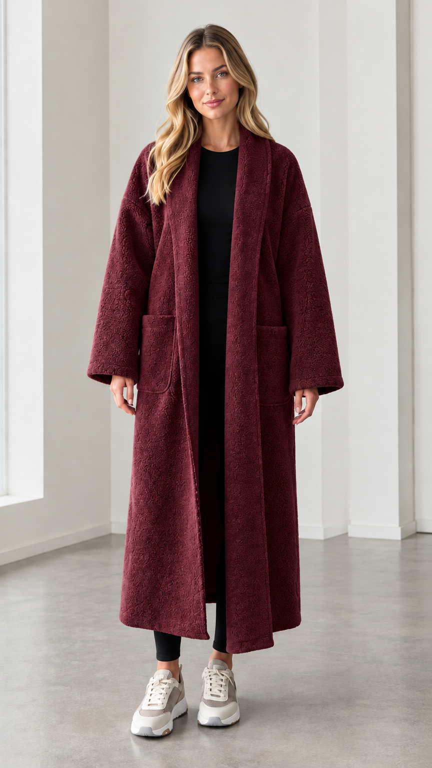 Model wearing burgundy textured longline open front duster coat
