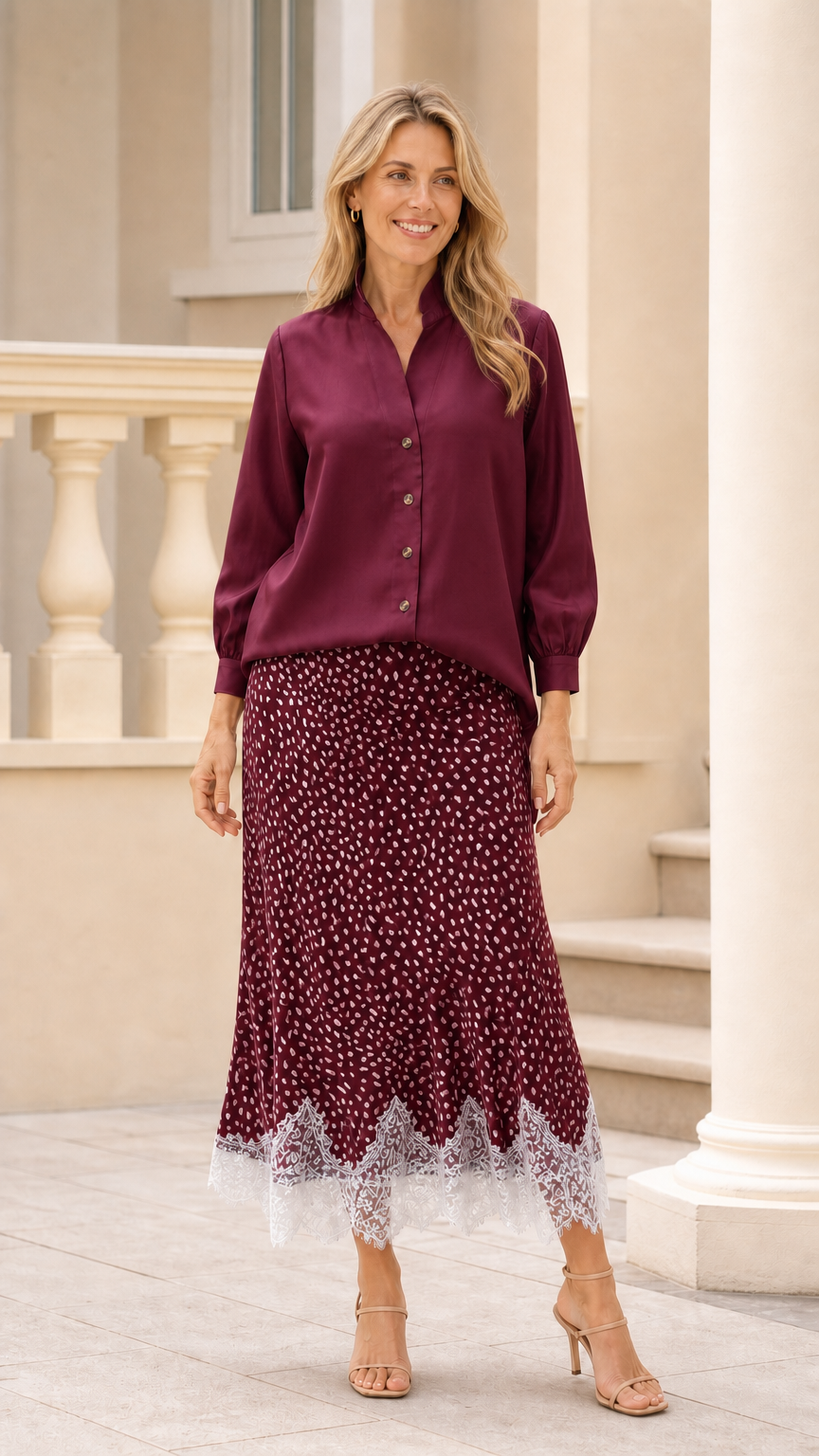 Front view of burgundy blouse and burgundy printed skirt set on model