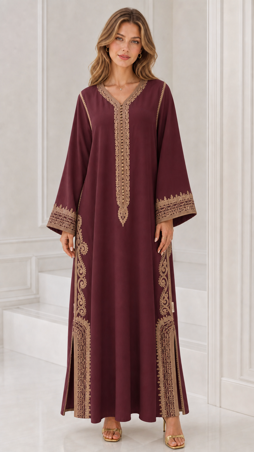 Front full view of woman wearing burgundy wine kaftan dress with gold embroidery