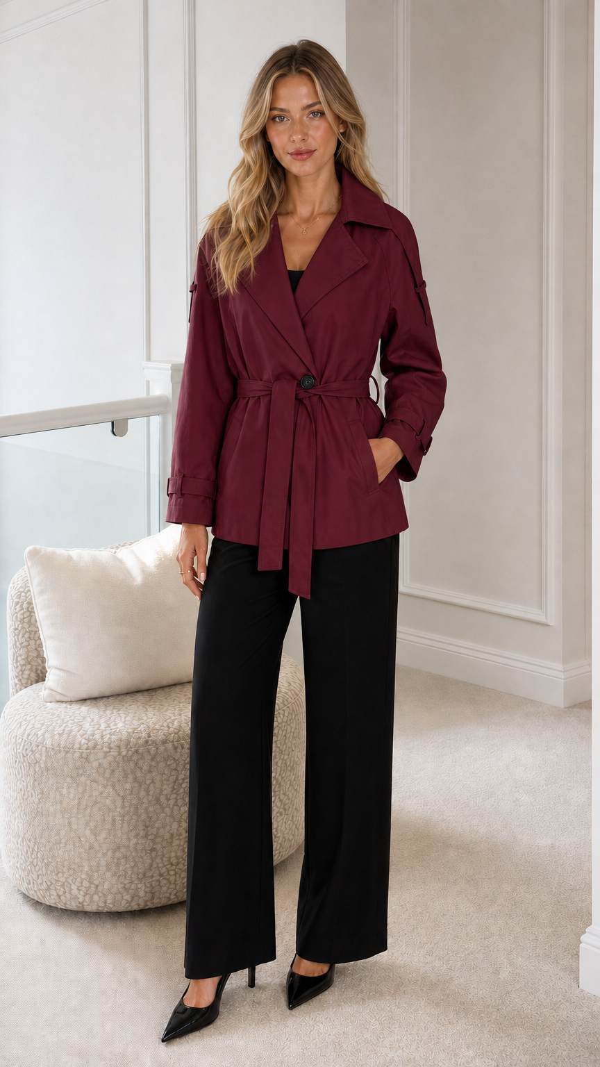 Model wearing burgundy short belted trench jacket with waist tie
