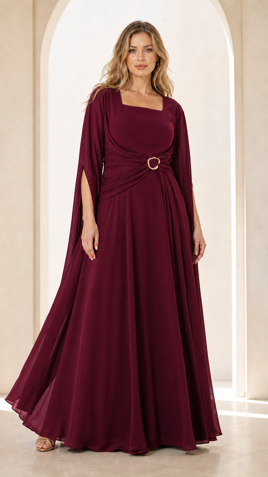 Front view of Burgundy wine red cape sleeve formal evening gown