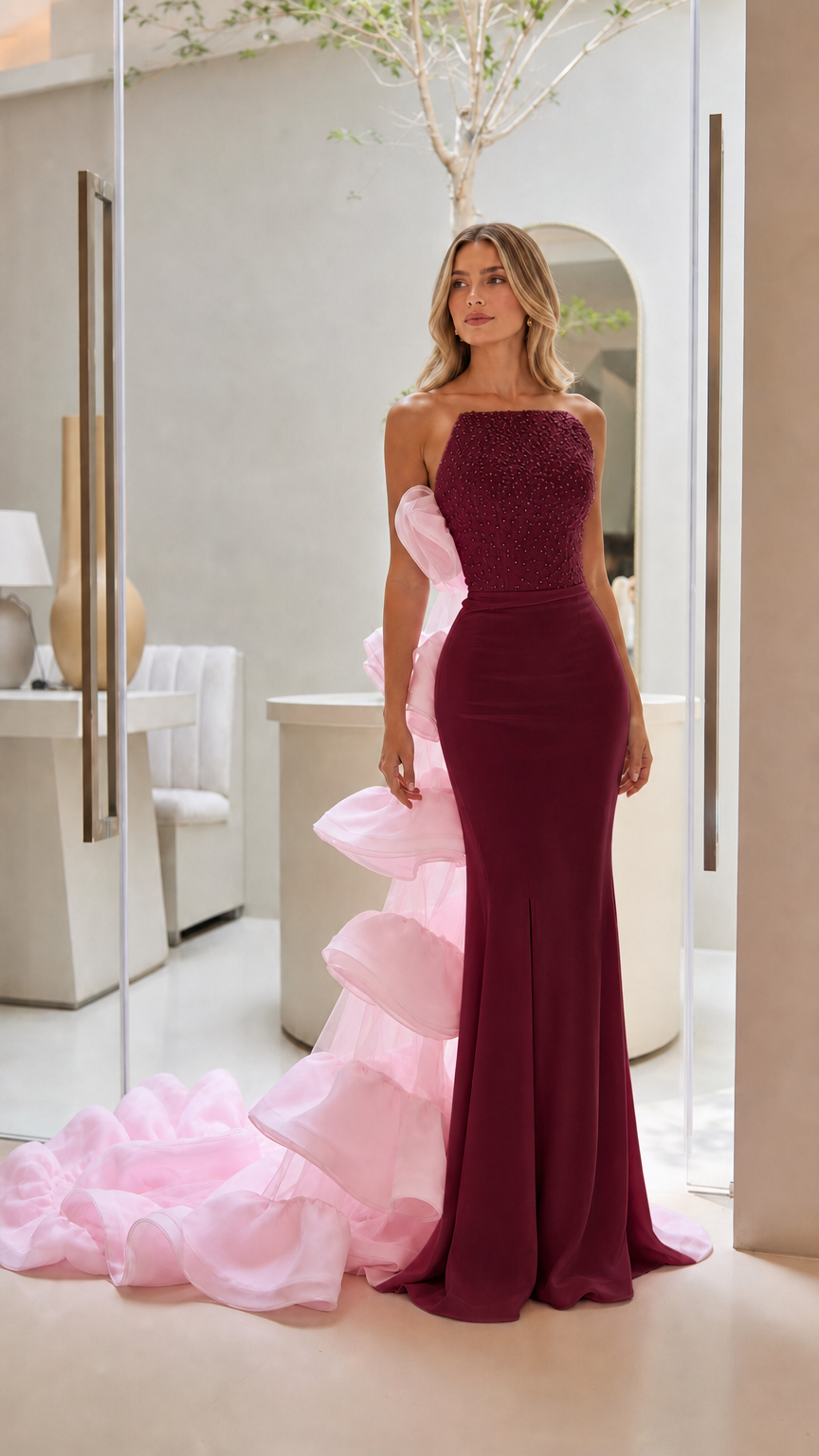 Burgundy color variant of the sequin evening gown