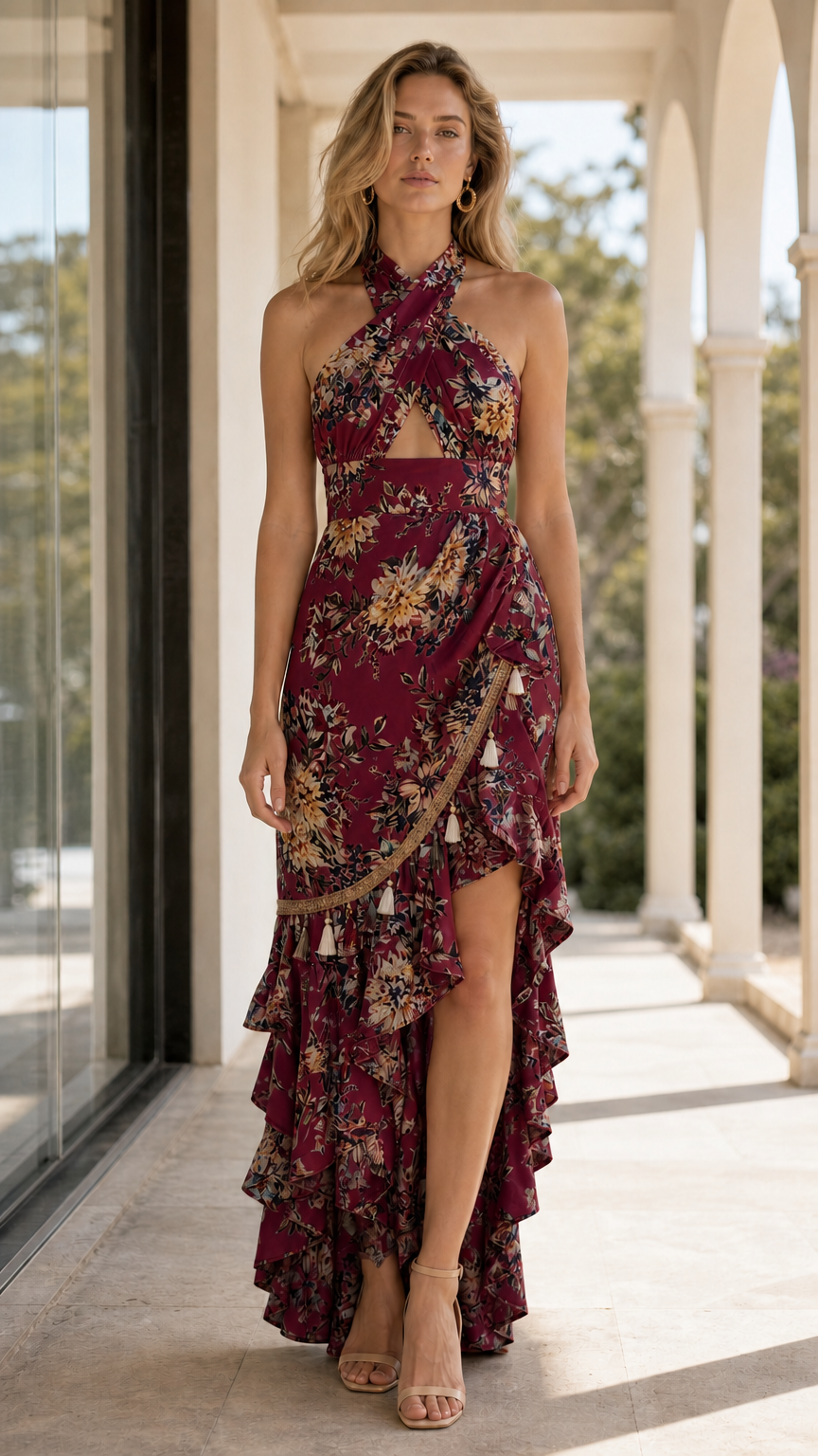Model wearing burgundy floral halter maxi dress