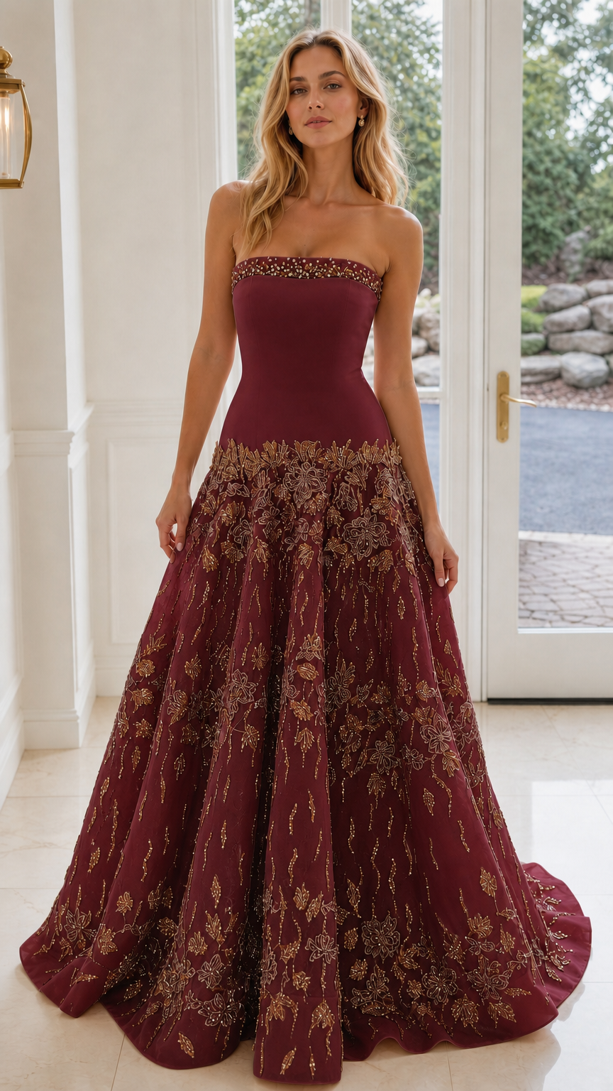Burgundy strapless evening dress with embroidered floral beadwork
