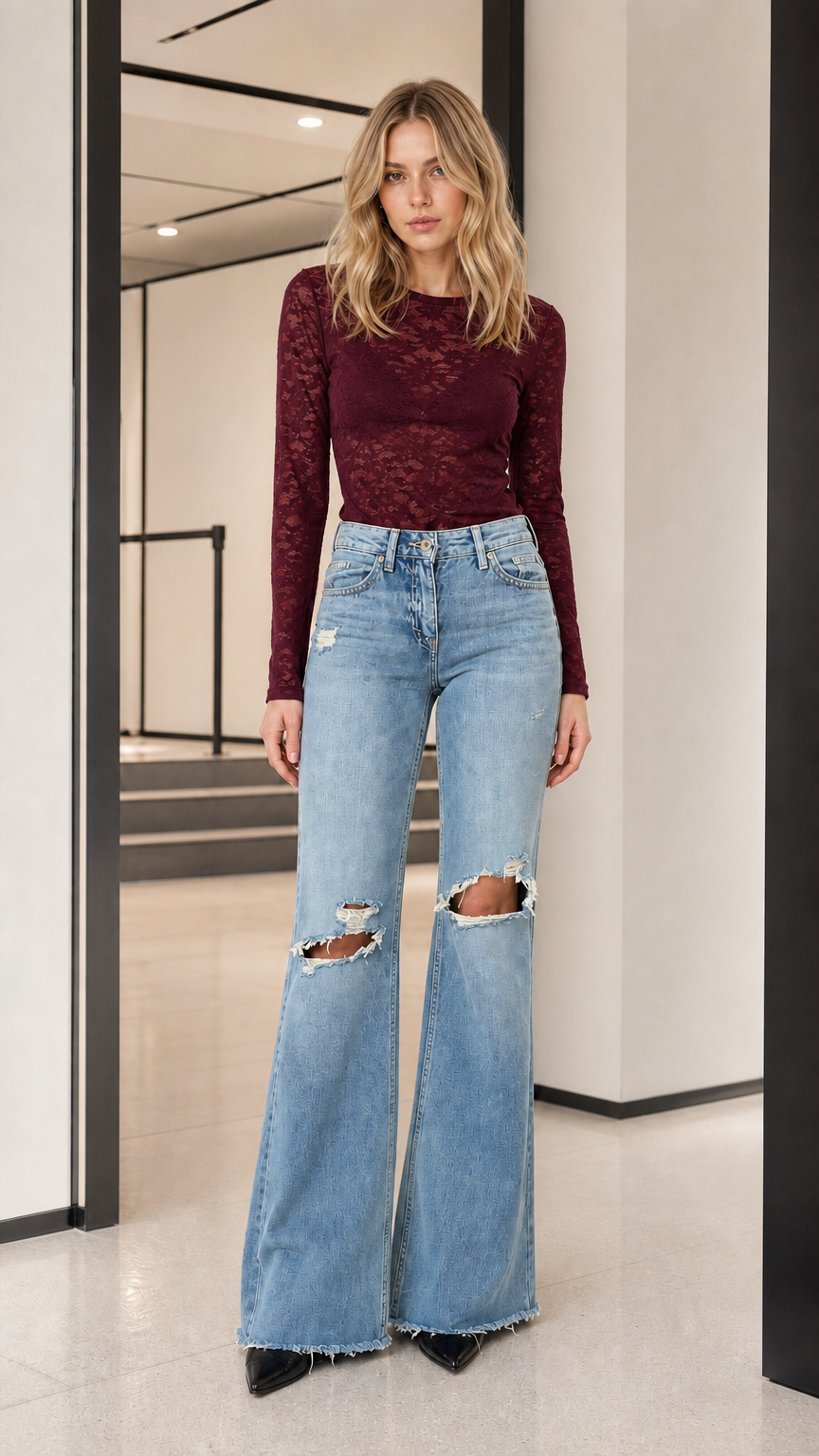 Model wearing burgundy long-sleeve sheer lace top with flare jeans