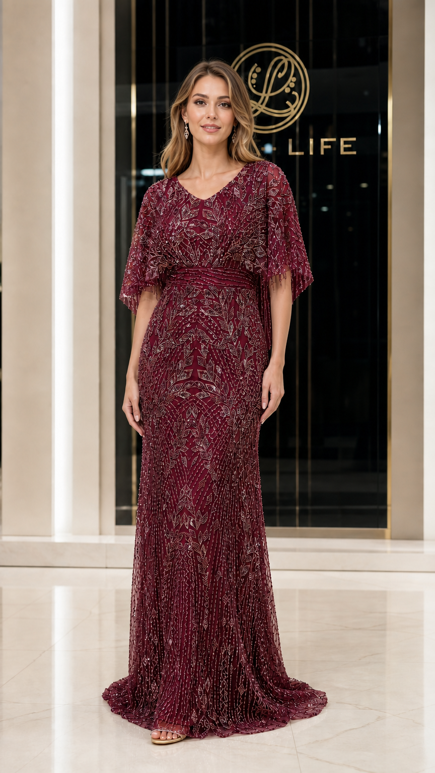 Front view of woman wearing burgundy beaded evening gown