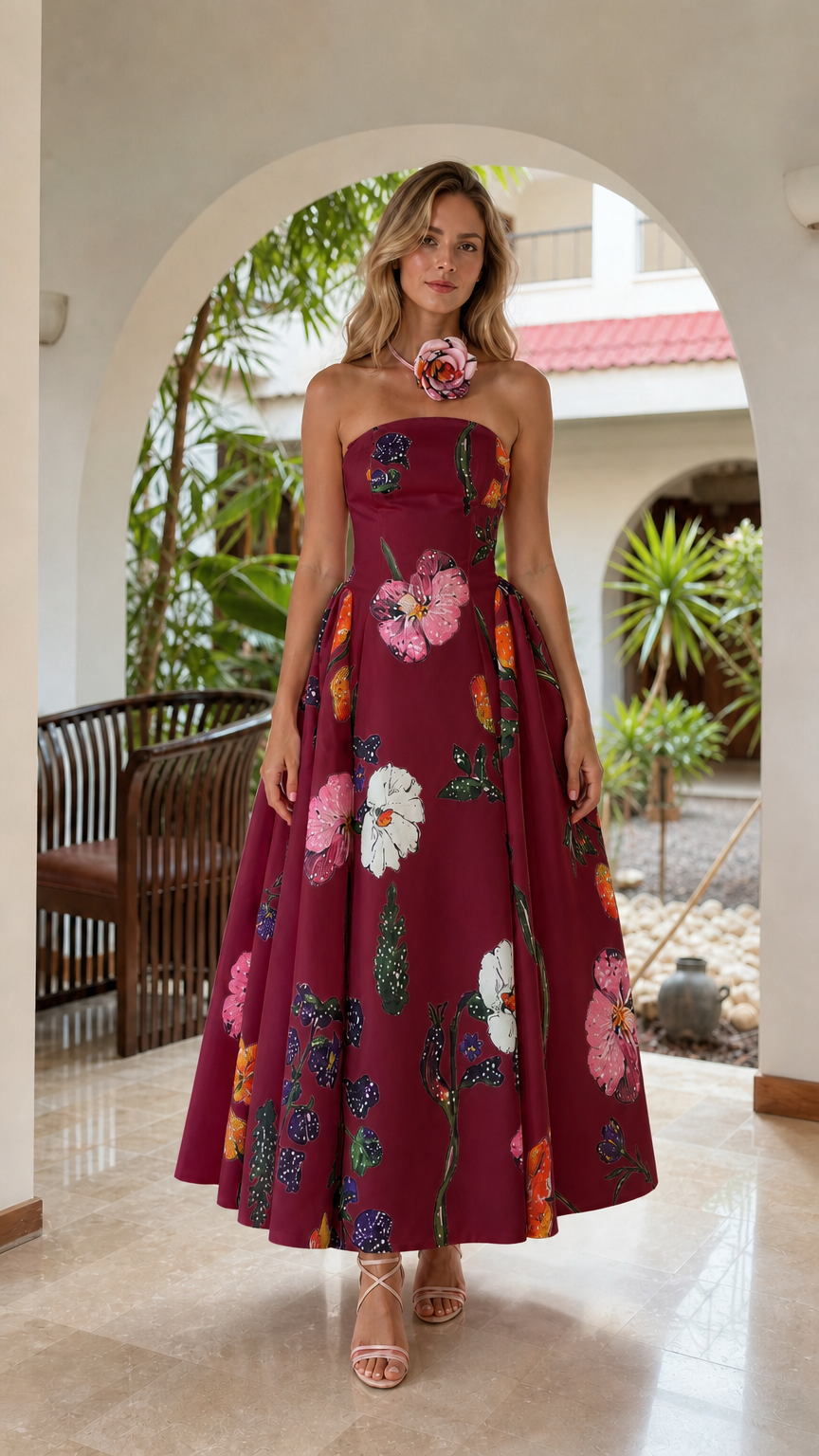 Model wearing burgundy floral strapless midi dress