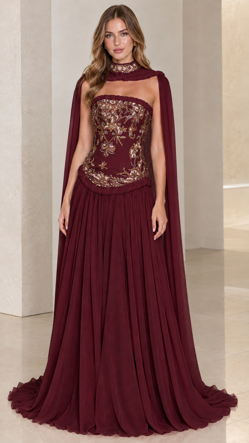 Burgundy strapless evening dress with gold embellishment and flowing sheer cape