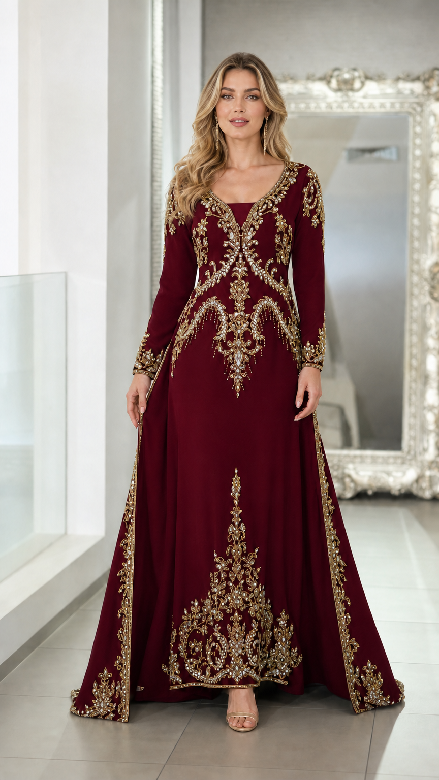 Burgundy wine red gold-embroidered formal caftan gown