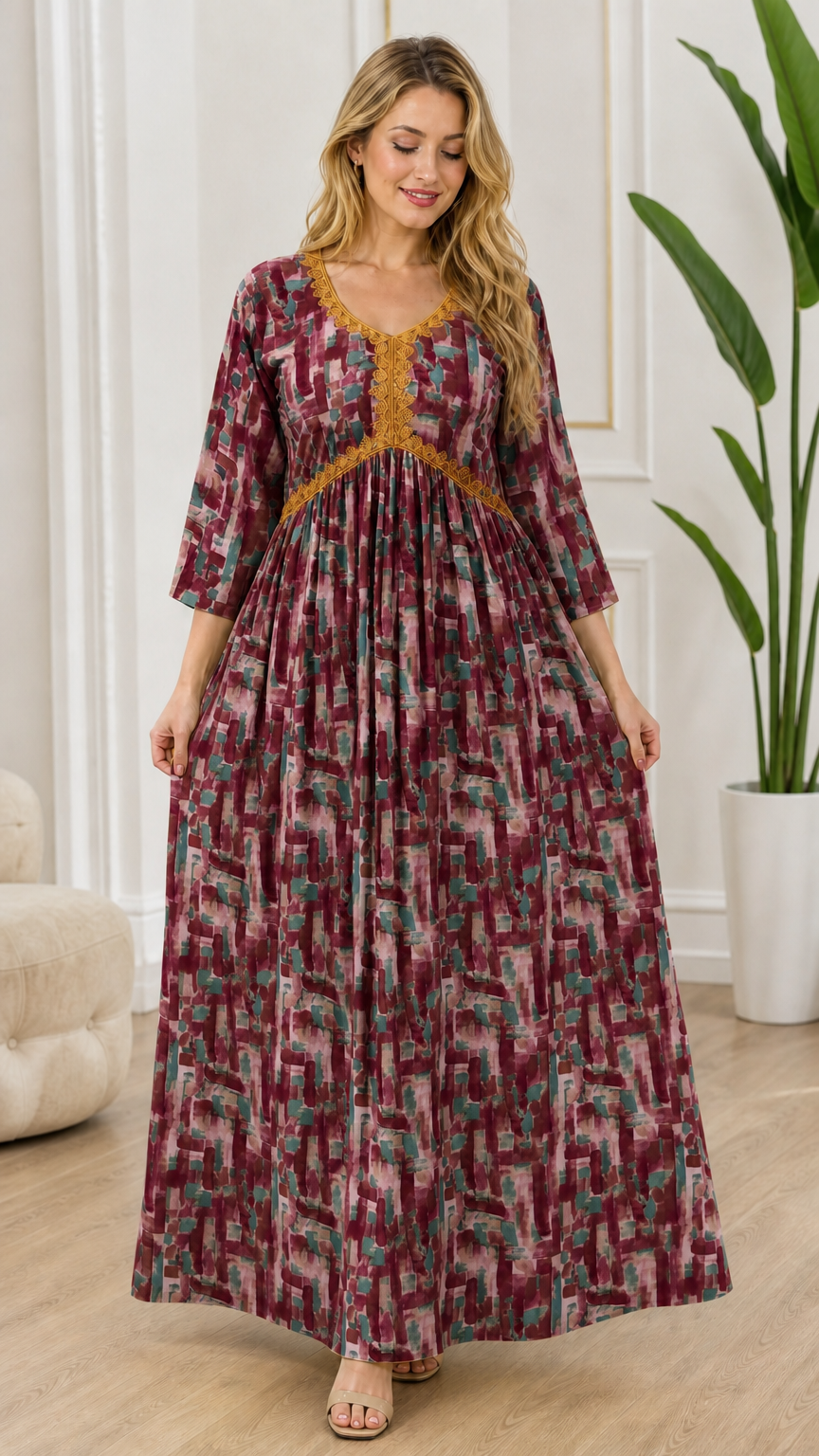 Full-length front view of model wearing rich burgundy wine abstract print maxi dress
