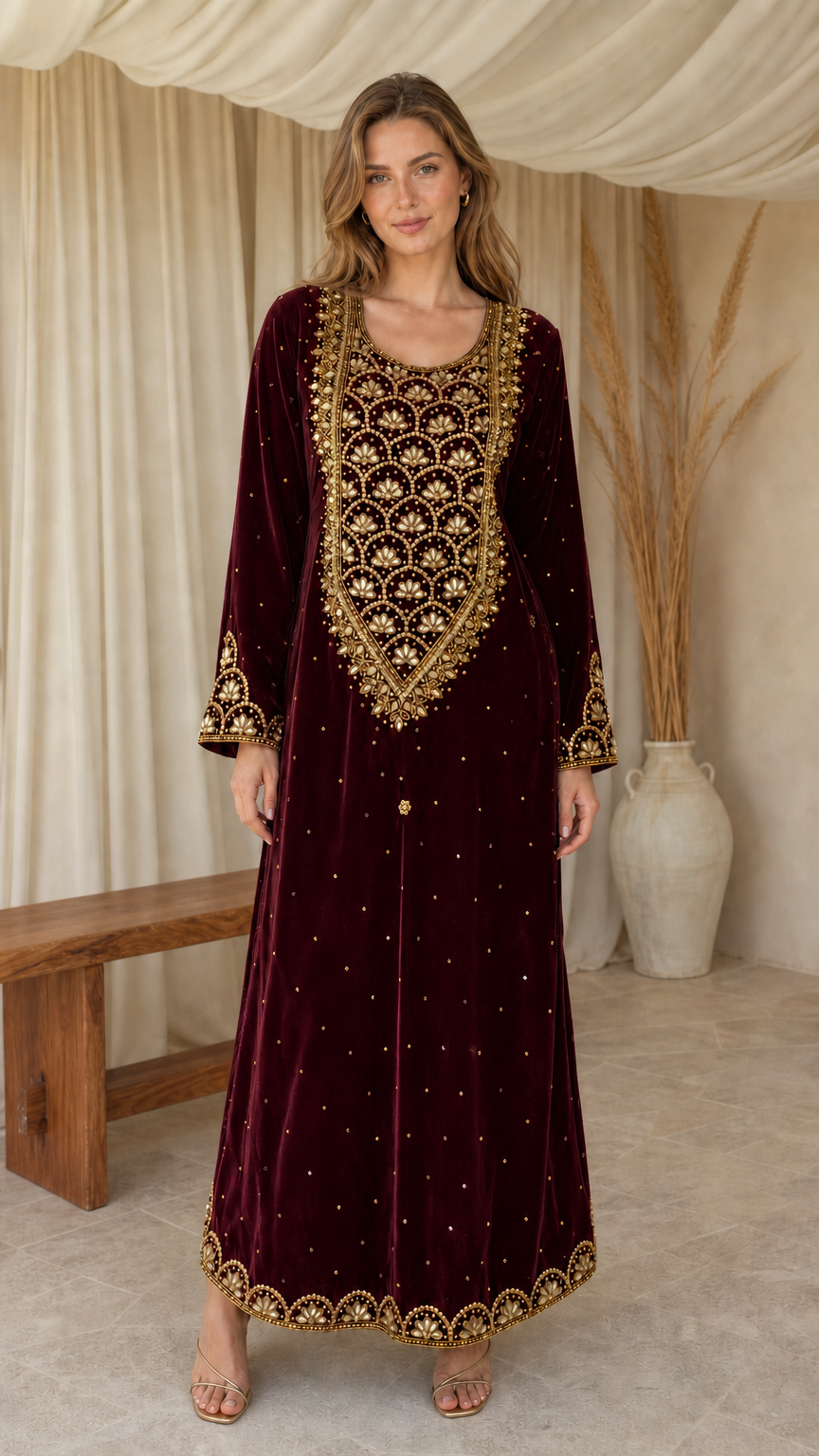 Model posing in burgundy red embroidered velvet maxi kaftan dress