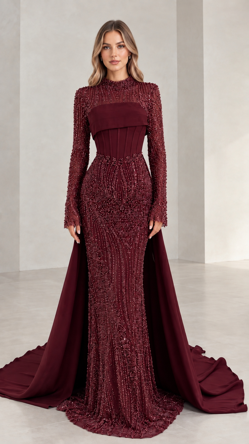 Full-length front view of burgundy wine beaded evening gown with sweep train and high neck