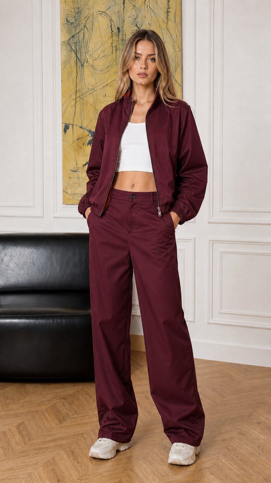 Full-length view of woman modeling the burgundy two-piece jacket and pants set