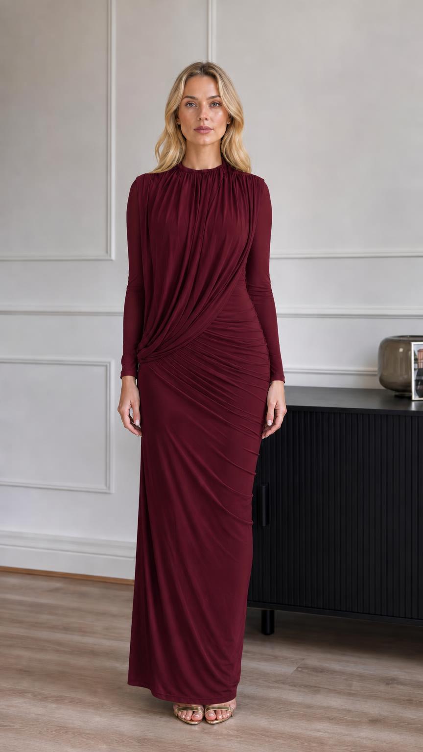 Model wearing burgundy ruched long-sleeve maxi dress