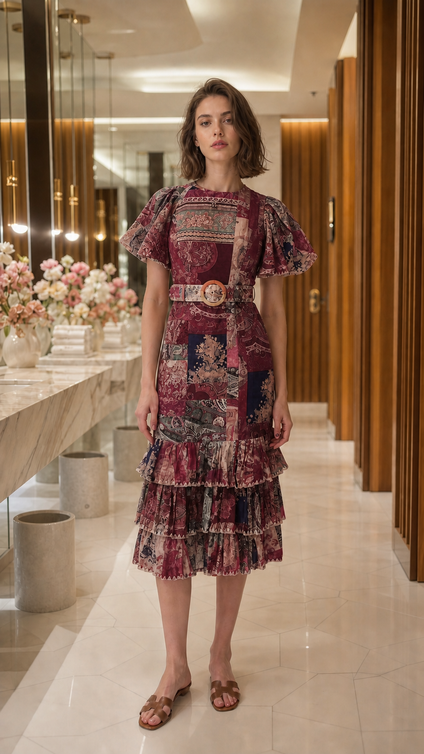 Full view of woman wearing burgundy patchwork midi dress