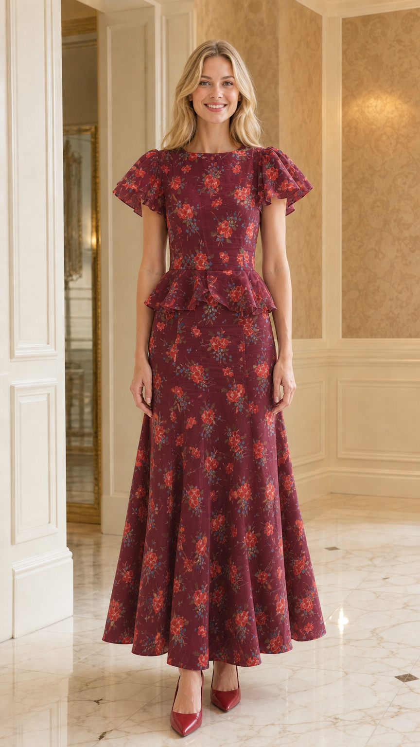 Front view of burgundy floral print ruffle sleeve peplum maxi dress